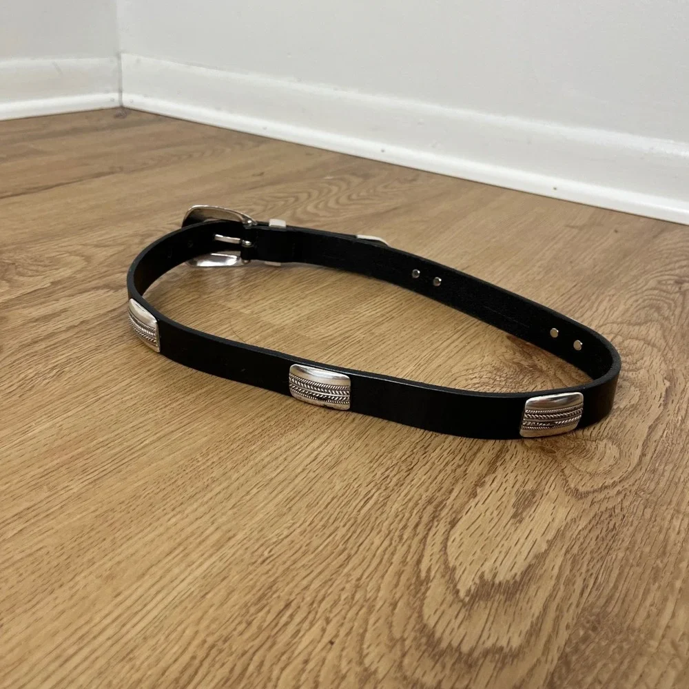 Vintage Lejon Western Boho Italian Saddle Leather Belt M Black Silver Concho US